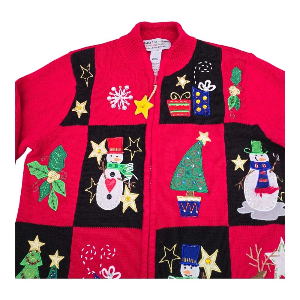 Tiara International Christmas Cardigan Sweater Red Medium Embroidered Full Zip - Picture 5 of 16